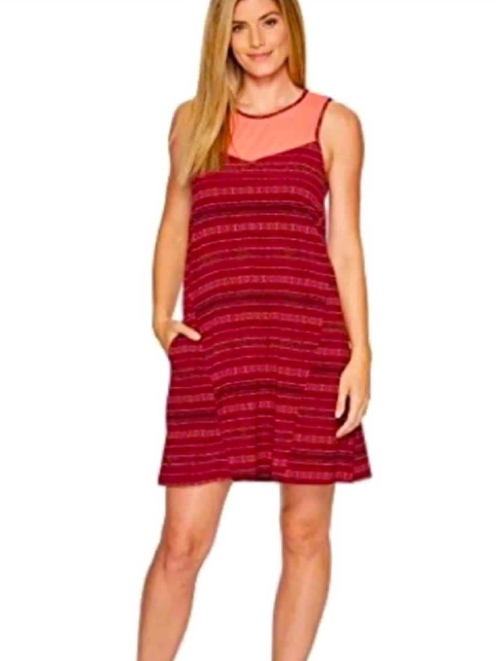 Toad&Co. Sunkissed Swing Dress Stripe Spiced Coral Stretch Sleeveless Pockets